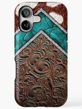 Western Cowgirl Pattern Cowhide Turquoise and Tooled iPhone & Samsung Phone Case