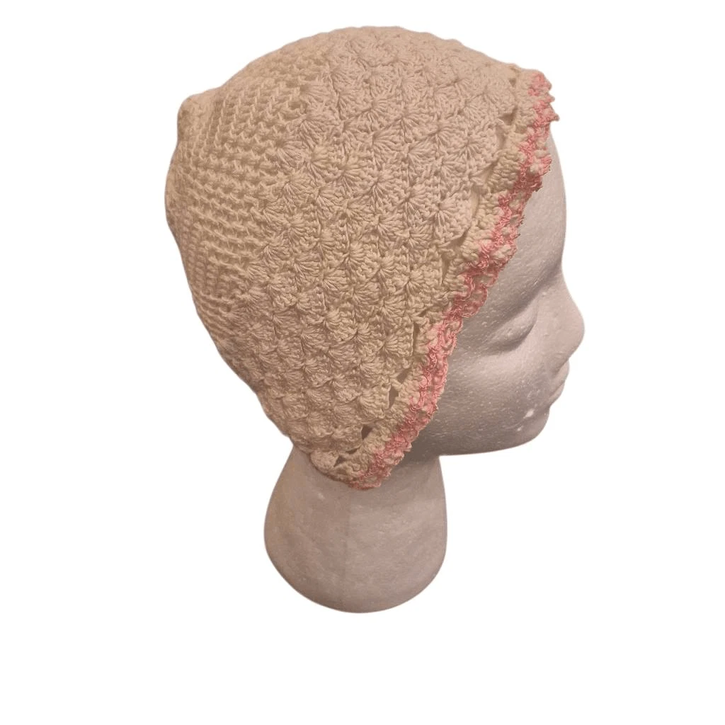 Crochet, Vintage Infants Ivory & Pink Cotton Crocheted Bonnet Made in 1950