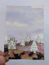 ACEO Original Art Card Drawing Mixed Media Forest Castle Signed by artist 