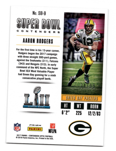 Aaron Rodgers 2017 Super Bowl Contenders Optic NFL Card #SB-9 Refractor 34/99 - Picture 2 of 2