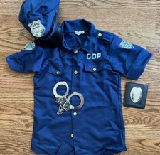 4 Pc Police Cop Costume Kids Shirt Hat Badge Handcuffs Halloween Size Med