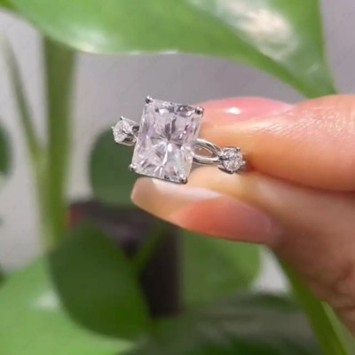 3.35Ctw Radiant & Round Moissanite 3-Stones Engagement Ring 14K White Gold Over