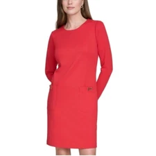 Halston Women's "H" Pocket Shift Dress red knee length size 14 NEW NWT