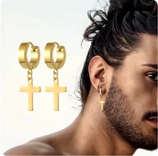 Gold Cross Earrings Dangle Hoop Huggie  Stainless Steel for Men & Women