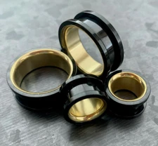 PAIR Black with Gold Interior Screw Fit Tunnels Ear Plugs Earlet Gauges