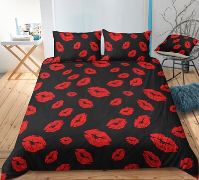 3D Mund Einfach Muster Schwarz Rot Quilt Cover Set Bettwäsche Sets Kissenbezü...