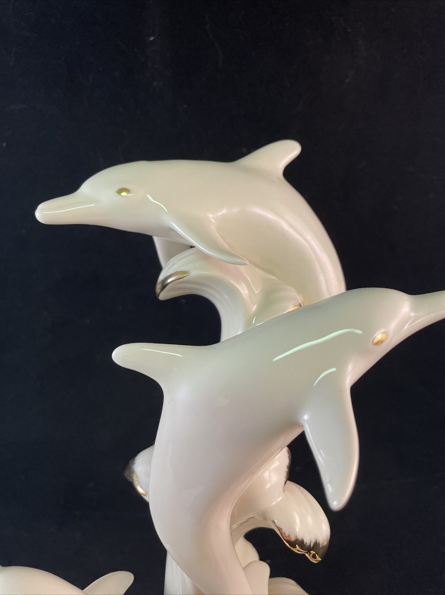 イヴ・ロエ彫刻　the Dolphins Lenox Dolphins Wave Dancers Dolphin on Wave Ivory China 9