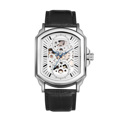 Mens Luxury Skeleton Automatic Mechanical Wrist Watches Leather Self Wind Watch