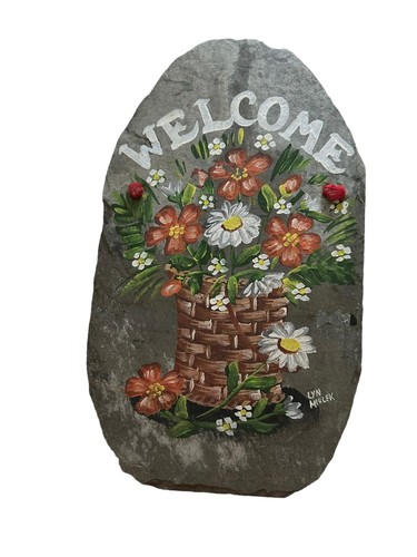 Large Slate Handpainted Welcome Sign Floral Basket Signed - Picture 2 of 14