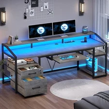 Computer Desk with LED Lights & Power Outlet, Office Desk with Lockable Drawers