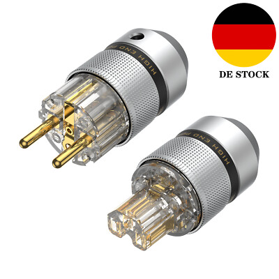Paar Aluminiumgehäuse Vergoldet Stecker HiFi Netzkabel EU Schuko + IEC Weiblich