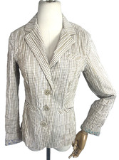 Cabi Womens White Tan Gingham Check Blazer Jacket Size Small Crinkled Casual