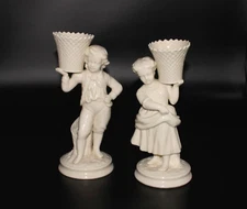 VTG Belleek Victorian Boy and Girl w/ Basket Candle Holders Ireland 6th Mark