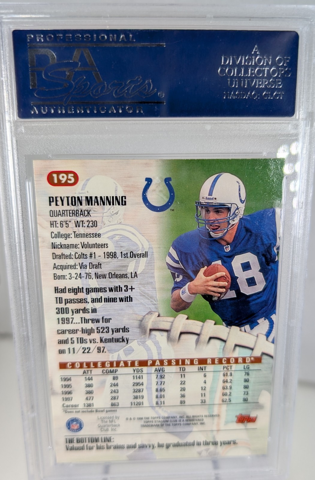 1998 Topps Stadium Club Peyton Manning Rookie - PSA 10 #195 view 6