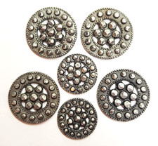 6 Antique 1-Pc Pewter Buttons ~ Pierced w/ Faux Cut Steels ~ 11/16" & over 1/2"