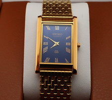 Vintage Seiko Slim Quartz Men's Wrist Watch Blue Dial with Gold Bracelet .