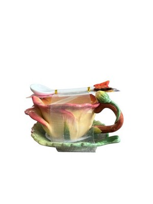 NEW Corner Ruby Garden Collection 3 Pc Flower Teacup Leaf Saucer Tulip Spoon Set