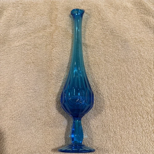 Vintage 12 3/8” Fenton Sapphire Blue Glass Thumbprint Swung Bud Vase