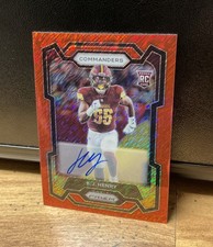 K.J. HENRY 2023 PANINI PRIZM ROOKIE CARD RED SHIMMER AUTO /35 #400 - COMMANDERS