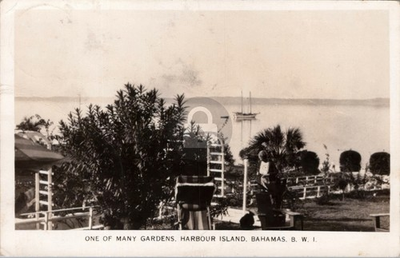 #ad Harbour Island Gardens Bahamas BWI Yacht 1949 RPPC Photo Postcard COPY $4.95
