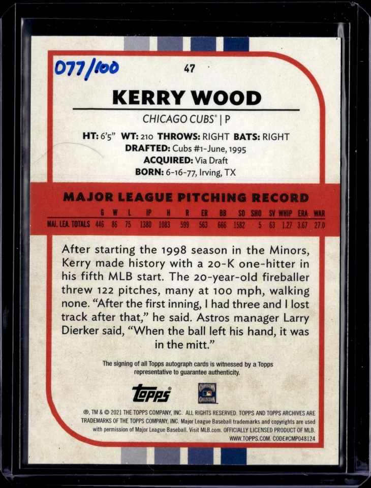 2021 Topps Archives Snapshots Kerry Wood Negative Auto 077/100 Cubs - Image 2 of 2