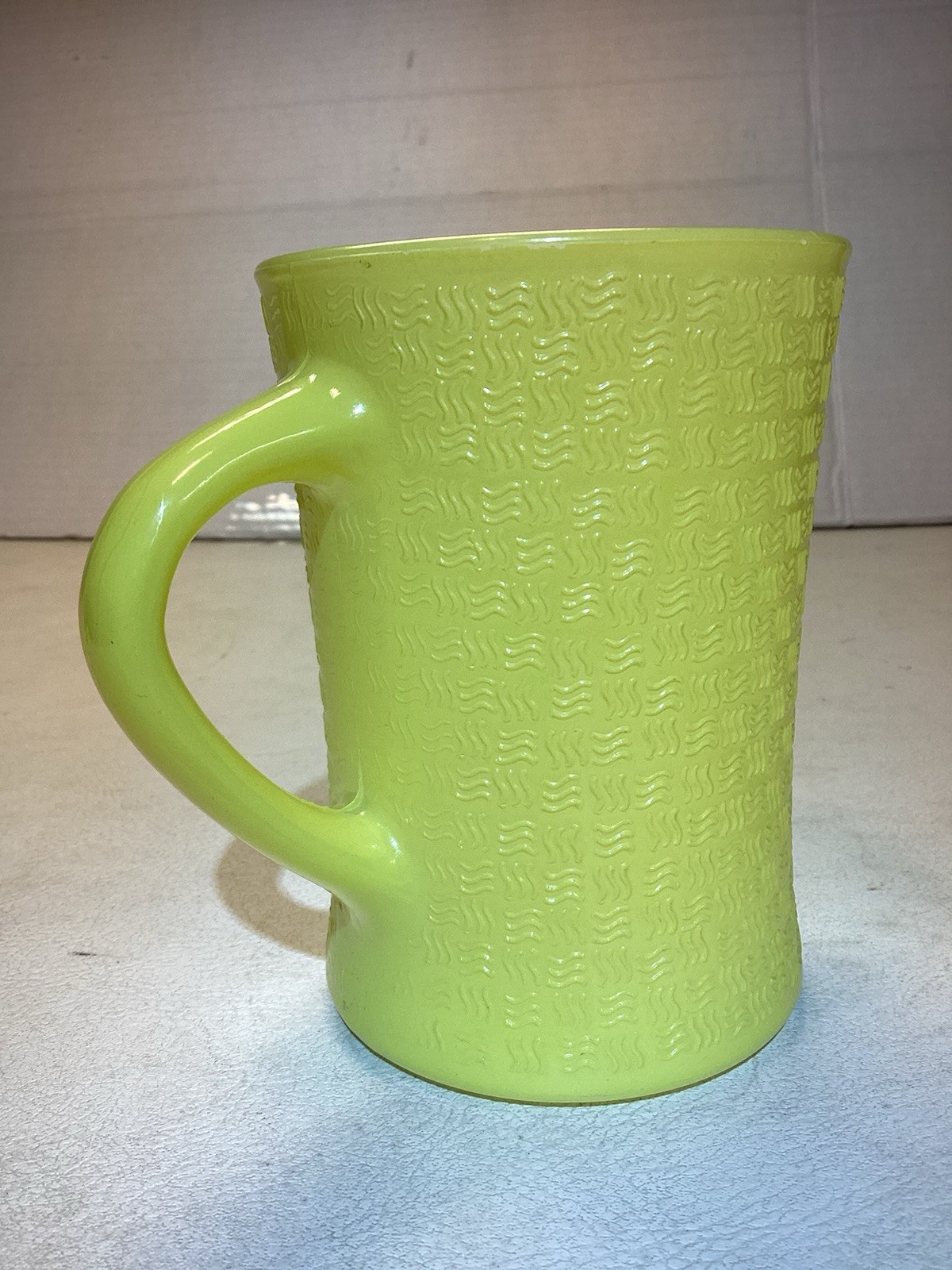 Set Of Six Glasbake  Milk Glass Basket Weave J-2277 Mugs In Pastel Colors