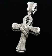 Large 14k White Gold Ankh Cross Natural Diamond Pendant 16.5g