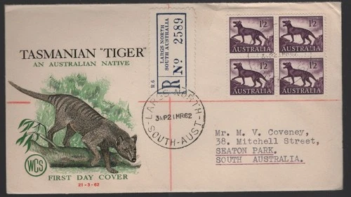 SCARCE 1962 Australia THYLACINE Tasmanian Tiger REGISTERED LARGS NORTH WCS FDC