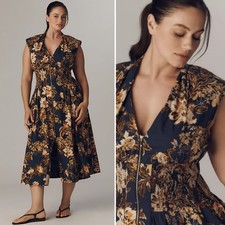 NEW Anthropologie Tommie Cap-Sleeve Smocked Front-Zip Midi Shirt Dress NWT 2XL