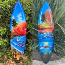 Set of 2- Ocean Sea Turtle Dolphin  Airbrushed Mango Wood Decorative Surfboard P