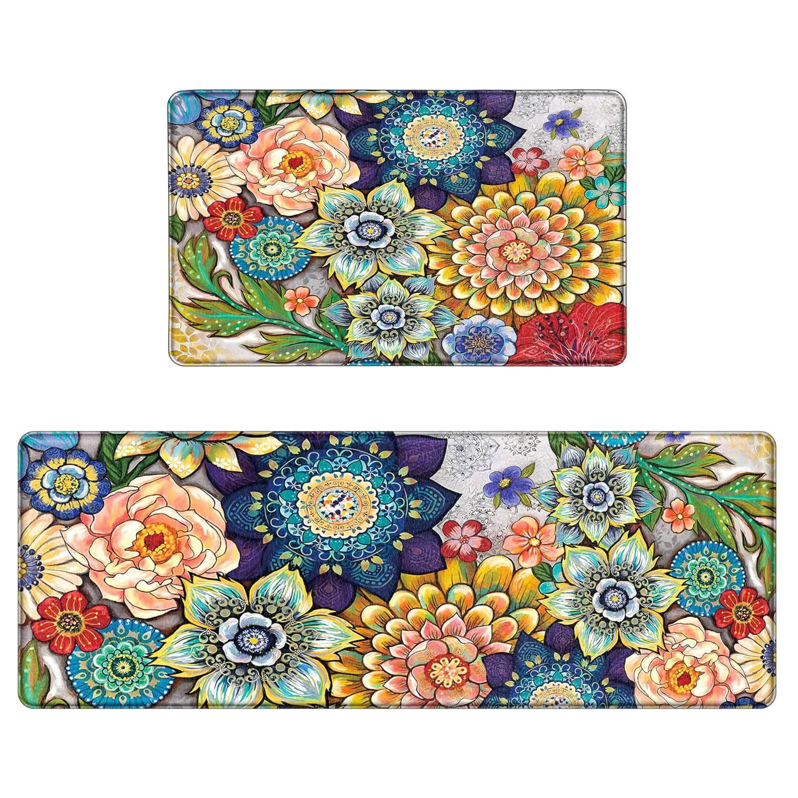 Boho Floral Kitchen Rug Set 2-Piece Memory Foam Padded Non-Slip Floor Mats