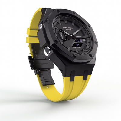 Casioak Custom Modded Metal Watch GA-2100 Mod Black Case Yellow