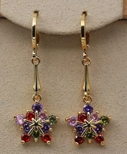 New 18K Yellow Gold Filled Multicolor CZ Star Flower Mini Hoop Dangle Earrings ~