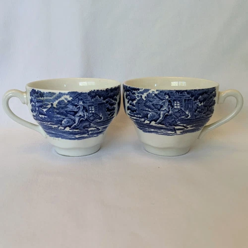 2 Staffordshire Liberty Blue Tea Cups Paul Revere Scene Made In England
