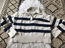 Velvet by Graham & Spencer Cashmere Blend Collared Sweater Navy Ivory Medium T1