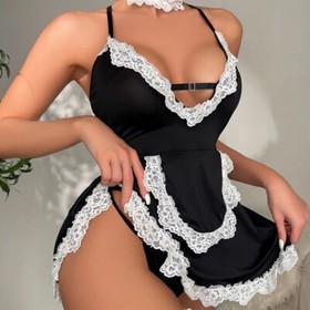 Women's Sexy Lingerie French Maid Nurse Cosplay Mini Dress with Chocker Costume 