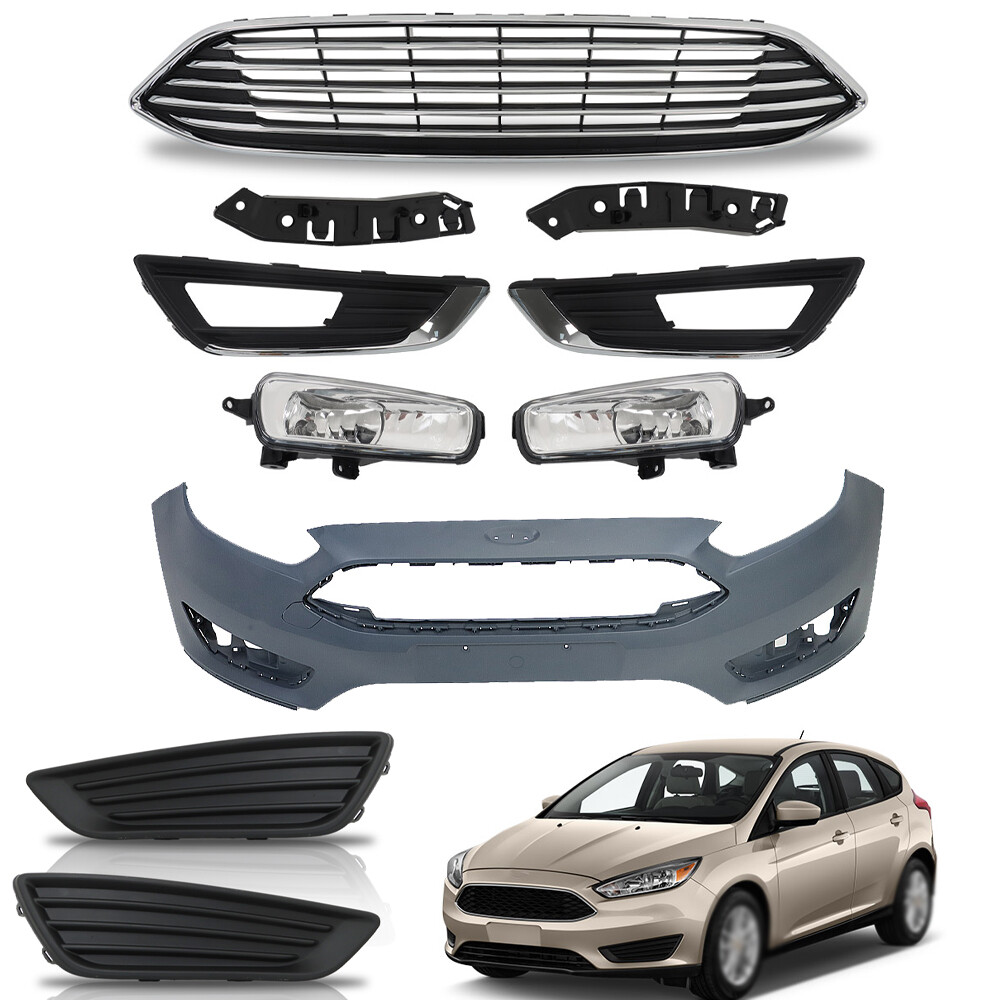 For Ford Focus 15-2018 Front Bumper Cover+Upper Grille w/Fog Light (Cover) Pair