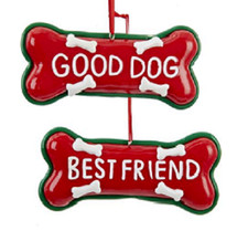KURT ADLER SET OF 2 DOG BONE PET THEME XMAS ORNAMENTS "GOOD DOG"/"BEST FRIEND"