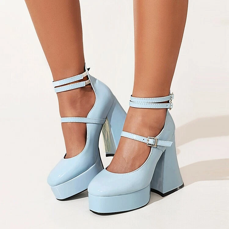 Womens High Block Chunky Heel Mary Jane Shoes Platform Ankle Strap