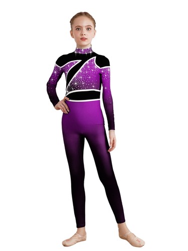 Kids Gradient Long Sleeve Sparkly Rhinestone Full Body Leotard Unitard Jumpsuit - Picture 15 of 90