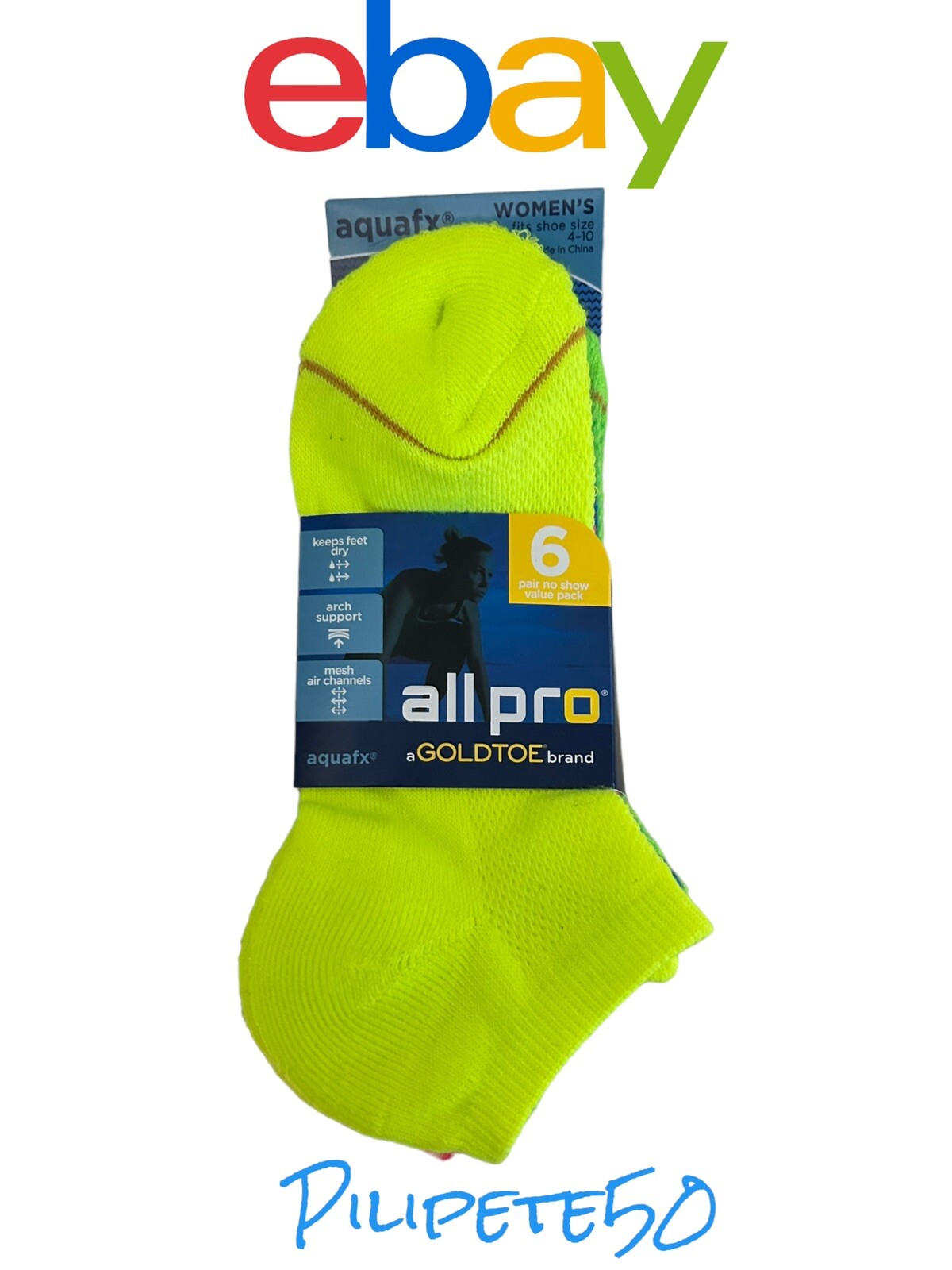 All Pro by GoldToe Women's 6pair Socks No Show, Bright Neon Colors, aquafx eBay