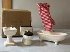 Vintage AS IS Miniatures Dollhouse Porcelain Tub Sink & Toilet Set  MCM NOS