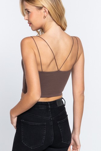 Women Round Neck Two Ply Knit Cami Crop Top Double Elastic Strap - Picture 65 of 86