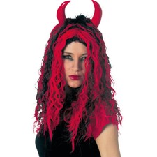 TEUFEL PERÜCKE HÖRNER DAMEN Halloween Karneval Lockenperücke Satan Kostüm Party