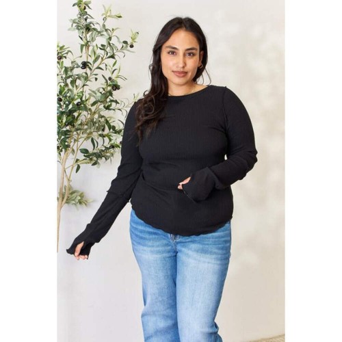 Culture Code Full Size Ribbed Round Neck Long Sleeve Top