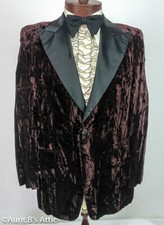 Vintage 70's Prom Wedding Tuxedo Coat Brown Crushed Velvet  Blk Satin Lapel