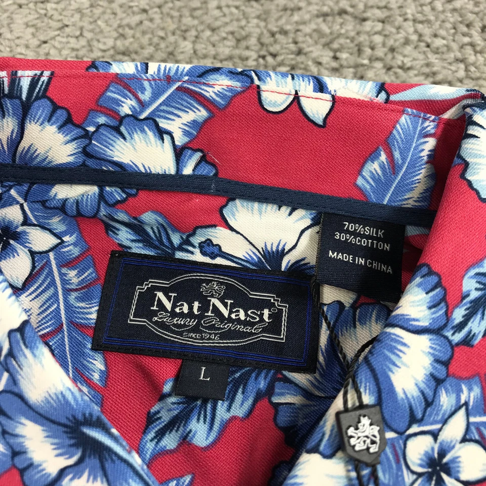Nat Nast Shirt Mens Large Button Up Camp Hawaiian Floral Red Blue All Over Print - Image 3 of 4