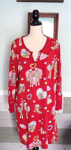 Nick And Nora Nightgown Shirt Valentines Day Sock Monkeys XL Red Long Sleeve - Bild 1 von 15