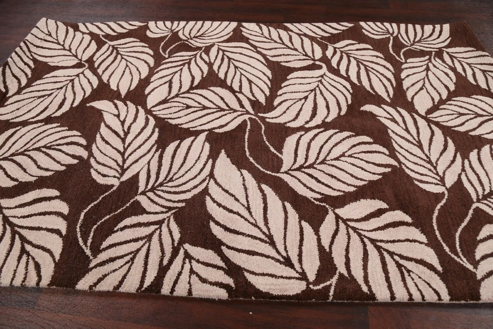 Nature Print Abstract Modern Oriental Area Rug Hand-Tufted Wool 5x8 Brown Carpet - Image 3 of 4