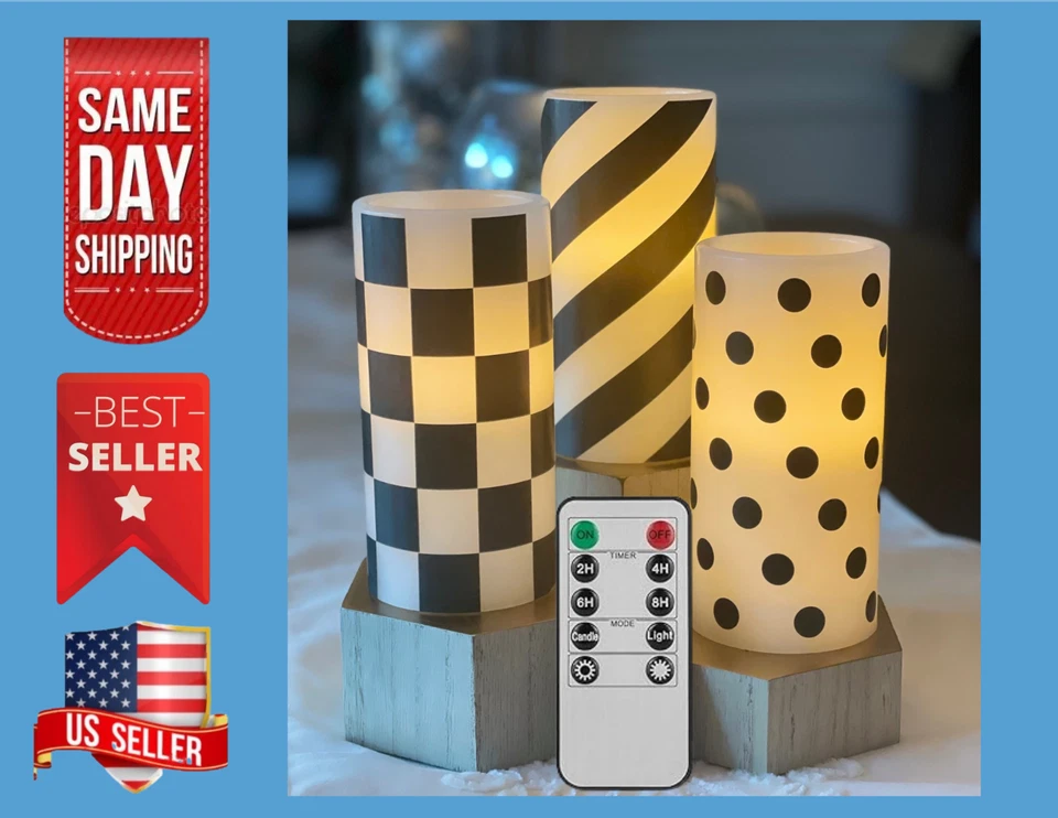 Flickering Flameless Blue and White Check  Wax Candle set with Remote / Timer - Image 3 of 4